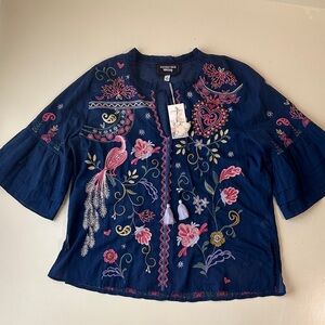 Johnny Was Blue Top with Colorful Embroidery